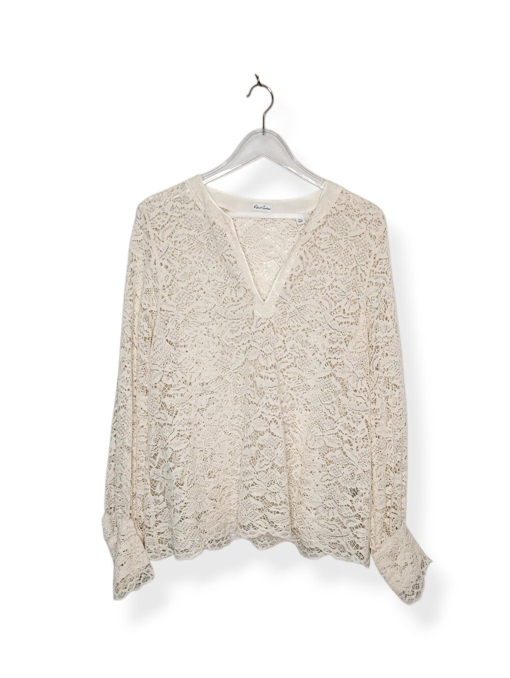 Robert Graham Julia Cream Allover Lace Top Blouse Long Poet Sleeves Size XL
